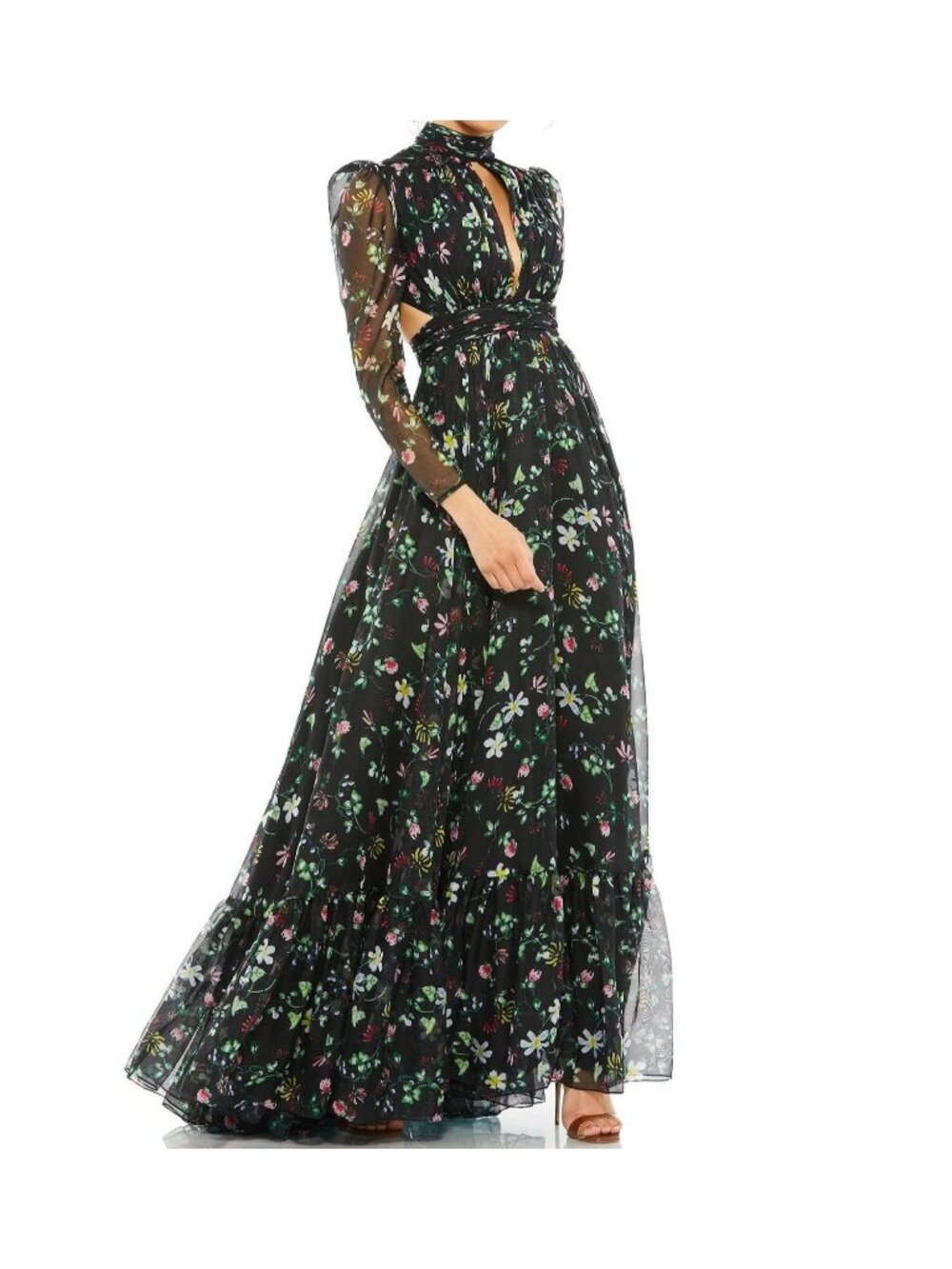 Mac Duggal Floral Chiffon Cutout Long Sleeve Gown Elegant Formal Garden Womens 8